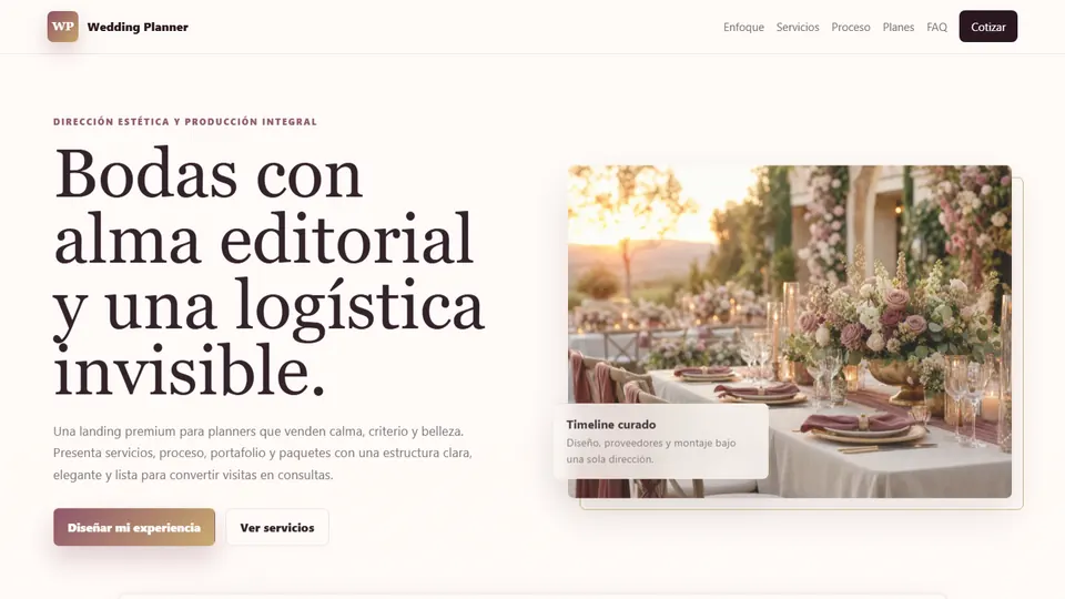 Vista previa de Landing Estática Wedding Planner HTML